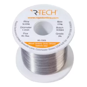 image of R-TECH 857001 SC100e Solder 3% M1 Flux 0.5-2% Halide 1.2mm 250g Reel