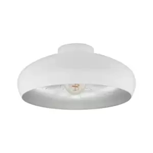 image of Semi Flush Ceiling Light White & Silver Round Shade 1 x 60W E27 Bulb Feature