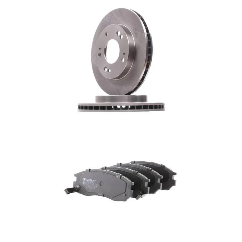 Image of RIDEX 3405B2584 Brake disc and pads set Front Axle, Brake Disc Type: internally vented, with acoustic wear warning Brake Set,disc brakes (3405)