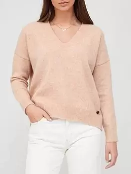 Image of Superdry Wool Blend Slouch V-Neck Jumper - Beige, Beige, Size 10, Women