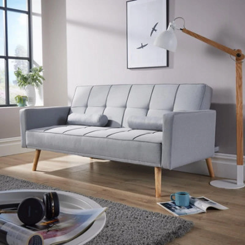 Image of Home Source Double Sofa Bed Folding Buttoned Detailing 2 Cushions 3 Seater Light Grey