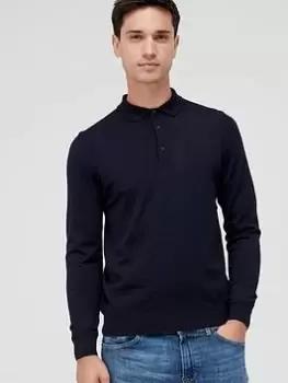 image of BOSS Bono-l Longsleeve Knitted Polo Shirt, Dark Blue, Size L, Men