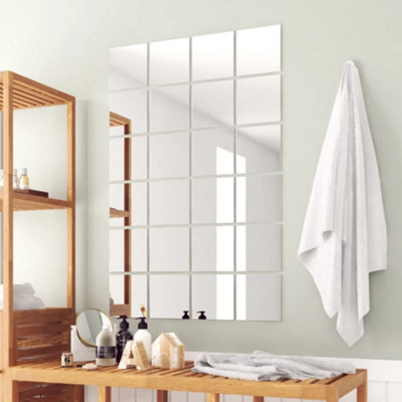 Image of vidaXL 24x Mirror Tiles Square Glass Frameless Design Bedroom Bathroom Decor