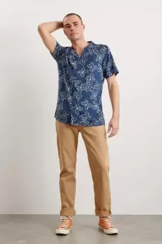 Image of Mens Navy Floral Print Viscose Revere Shirt