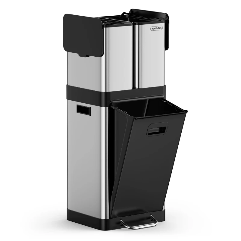 Image of Vonhaus Triple Recycling Bin 32L For Kitchen, Stainless Steel Recycling Bin With Three Compartments, Two 6L Removeable Inner Bins