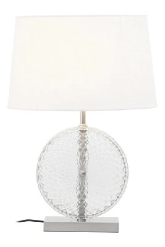 Image of Orsina Glass And Brushed Chrome Table Lamp, Round Cut Glass And Chrome Base, White Linen Shade Lighting