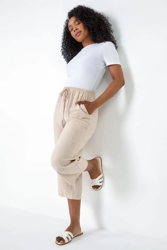 Image of Roman Womens Petite Linen Mix Wide Cropped Trousers in Stone Size: 12 Stone Female 12