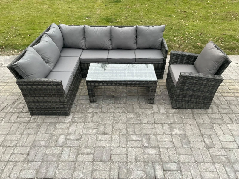 Image of Fimous 7 Seater Outdoor Rattan Garden Furniture Set Corner Sofa Oblong Coffee Table Sets with Patio Armchair Dark Grey Mixed Dark Grey Unisex