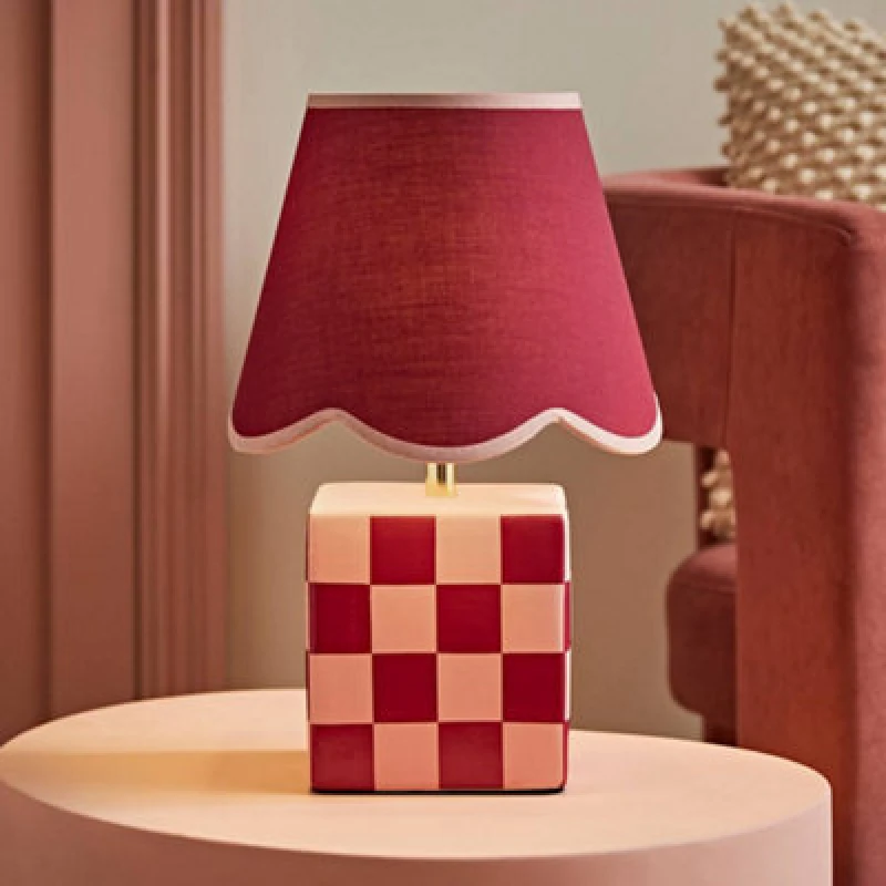 Image of ValueLights ValueLights Evie Ceramic Check Cube Table Lamp with Trim Linen Scallop Lamp Shade in Burgundy Burgundy One Size Unisex 5016529274391