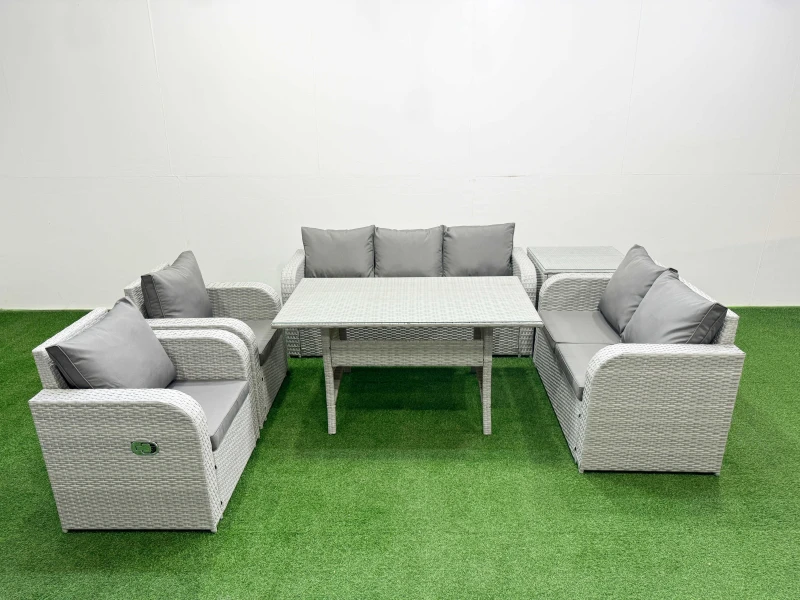 Image of Fimous PE Rattan Garden Furniture Set Reclining Chair Sofa Double Love Seat 2 Seater Sofa Lounge Set Rectangular Dining Table Side Table Light Grey Li
