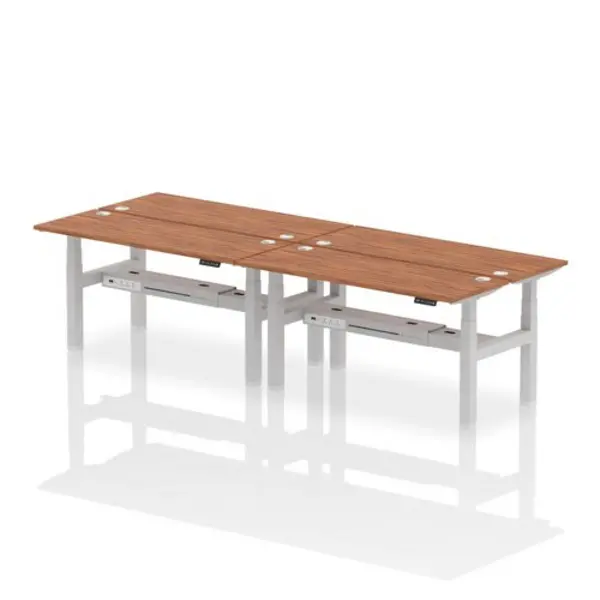 Image of Air Air Back-to-Back 1600 x 600mm Height Adjustable 4 Person Bench Desk Walnut Top with Cable Ports Silver Frame HASCP4P16600WNTS