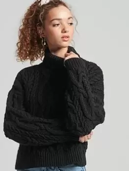 image of Superdry Vintage High Neck Cable Knit Jumper - Black, Size 10, Women