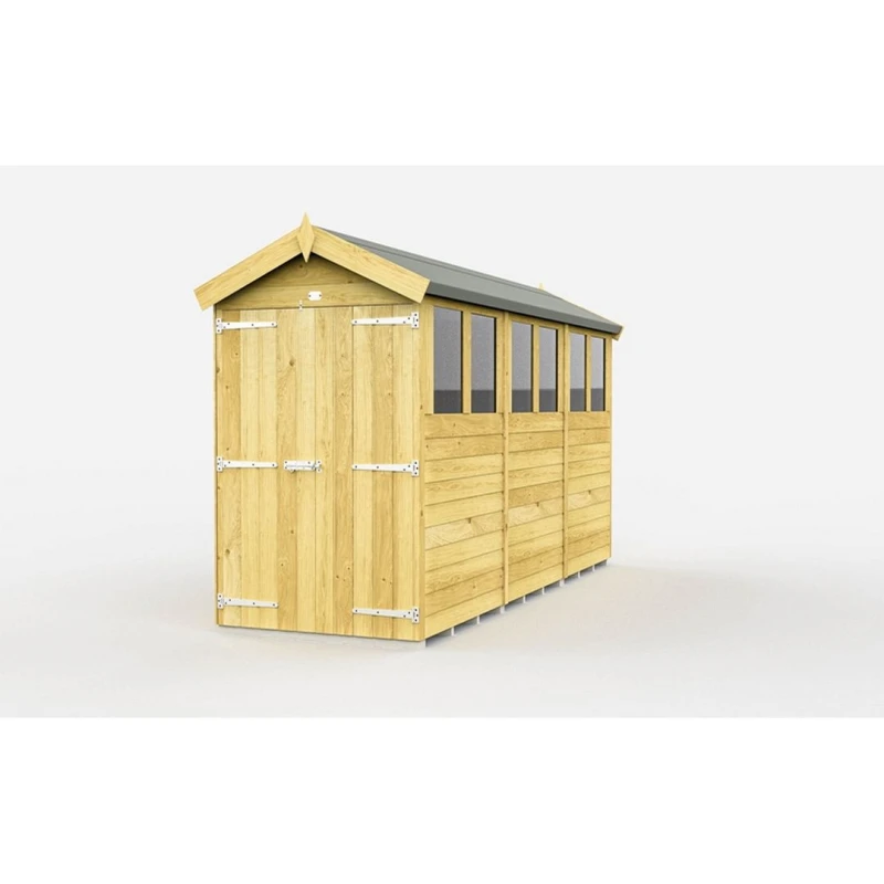 Image of Buttercup Farm 4 x 12 Feet Apex Shed - Double Door W/ Windows - L358 x W118 x H217cm in Brown Brown Unisex