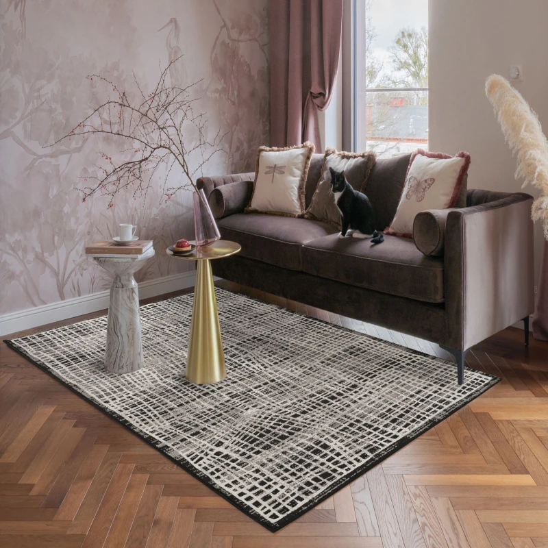 Image of Mayfair Living Room Area Rug Metallic Sheen Contemporary Modern Mesh Design - Black 200Cm X 290Cm