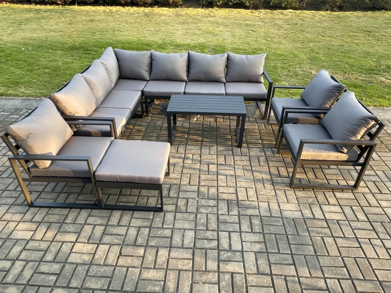 Image of Fimous Aluminium Garden Furniture Set Outdoor Indoor Lounge Corner Sofa 3 Pcs Chair Oblong Coffee Table Sets with Big Footstool Dark Grey Dark Grey Un