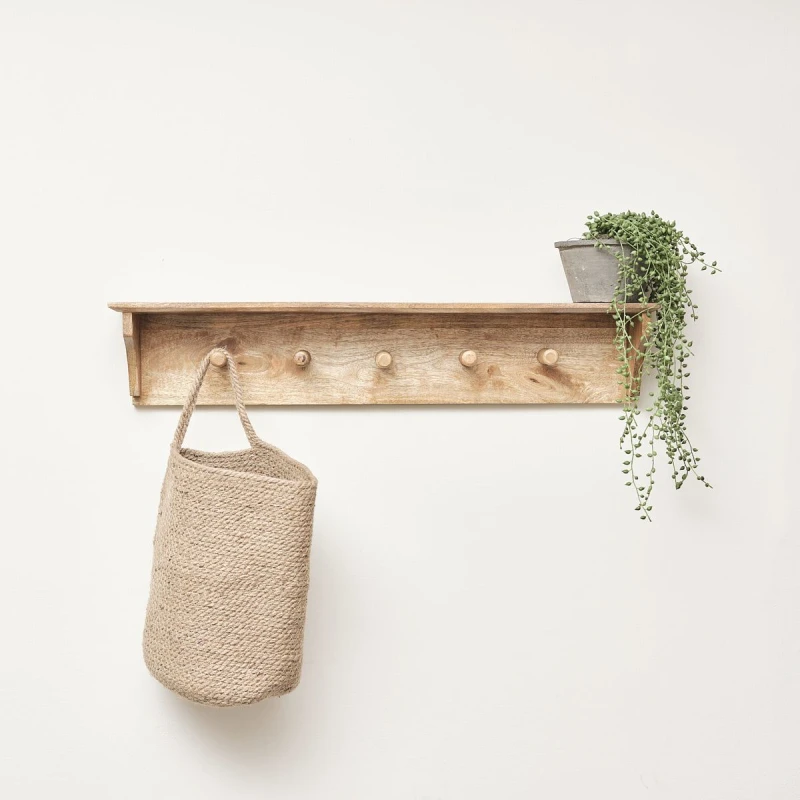 Image of Melody Maison Mango Wood Wall Shelf With Hooks Natural