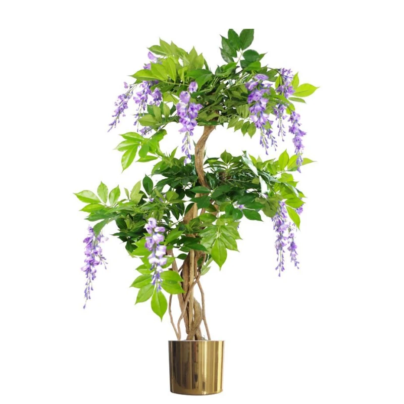 Image of Leaf 110cm Artificial Purple Blossom Tree with Gold Metal Planter in Green Green Unisex