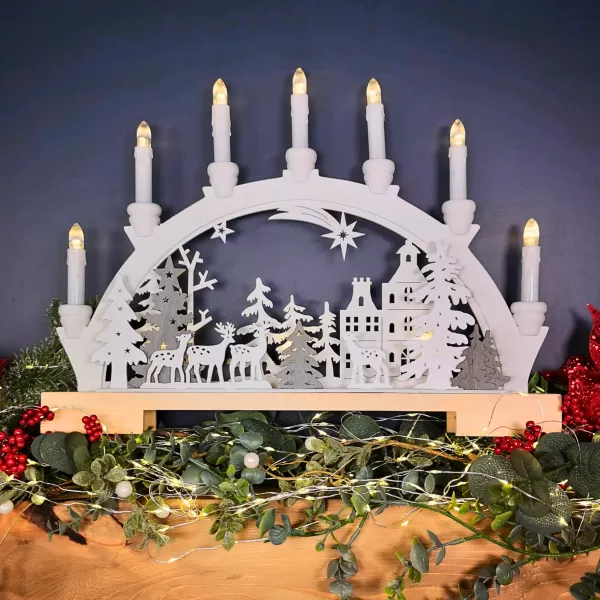 Image of 45cm Battery Operated Warm White LED Wooden Arch Reindeer Scene Candle Bridge Christmas Decoration
