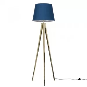 Image of Nero Gold Tripod Floor Lamp with Navy Blue Aspen Shade