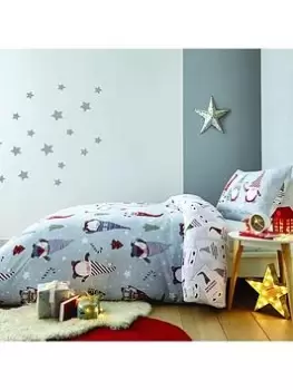 Image of Catherine Lansfield Christmas Gnomes Brushed Cotton Duvet Cover Set, Multi, Size Single