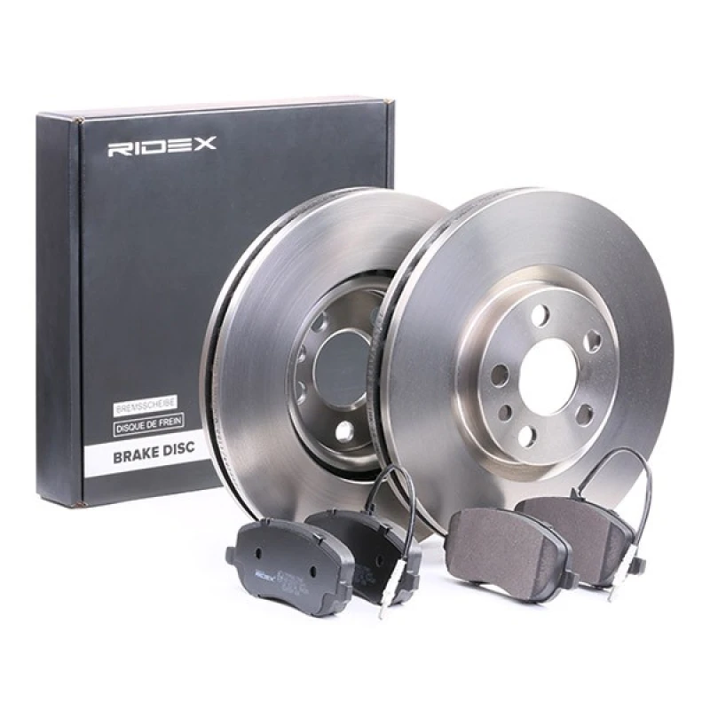 Image of RIDEX 3405B0196 Brake disc and pads set Front Axle, Brake Disc Type: Vented, incl. wear warning contact, with anti-squeak plate Brake Set,disc brakes