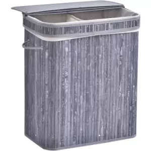 image of HOMCOM 100L Bamboo Laundry Basket with Split Compartment Lid, Removable Lining - Grey