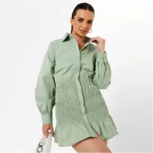 image of Missguided Petite Shirred Shirt Dress - Green