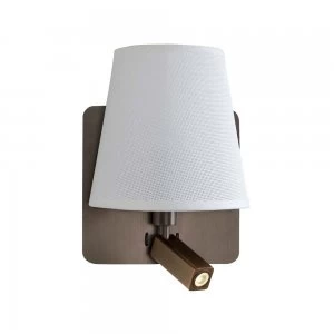 Image of Wall Lamp with Large Back Plate 1 Light E27 + Reading Light 3W LED with White Shade Bronze 4000K, 200lm,