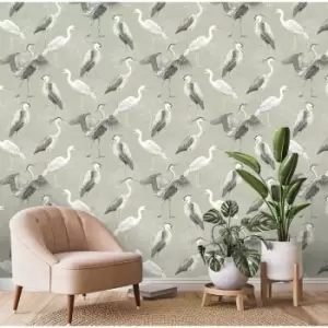 Rasch - Design Library Sage Green Stork Heron Natural Birds Nature Wallpaper