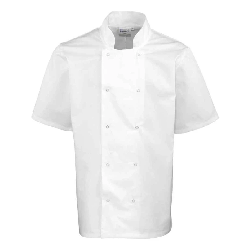 Image of Premier Premier Men Stud Front Short-Sleeved Chef Jacket in White Size: 4X-Large White 4XL Male 5063652179574