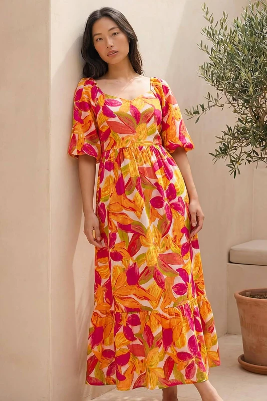 Image of Roman Womens Petite Floral Puff Sleeve Tiered Dress in Orange Size: 12 Orange Female 12