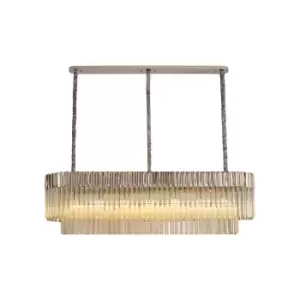 Image of Poland Ceiling Pendant Rectangle 7 Light E14, Polished Nickel, Cognac Sculpted Glass