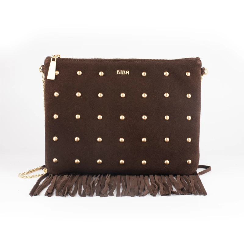 Image of Biba Biba Suede Fringe Studded Pouch - Brown Brown One Size