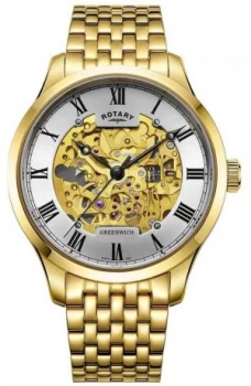 image of Rotary Mens Greenwich Automatic Gold Plated Skeleton Watch