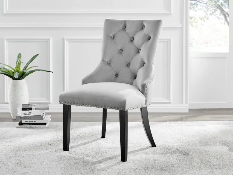 Image of FurnitureboxUK FurnitureboxUK Set of 2 Belgravia Deep Padded Soft Velvet & Chrome Knockerback Dining Chairs With Black Powder Coated Legs in Grey Grey