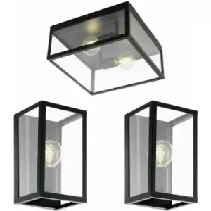 Image of Low Ceiling Light & 2x Matching Wall Lights Black & Clear Glass Modern Box Lamp