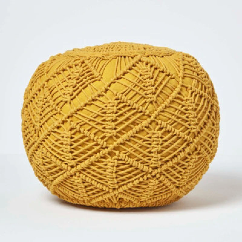 Image of Homescapes Macrame Knitted Pouffe 35 x 40cm Mustard