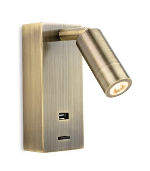 Image of Clifton LED Wall Reading Light & USB Port Antique Brass