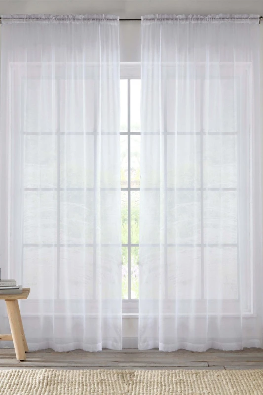 Image of Enhanced Living Plain Sheer Voile Panel Curtains Panel - Pair with Rod Pocket Header in White Size: 145cm width x 275cm drop White Unisex 145cm w