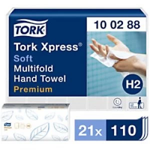 image of Tork Folded Hand Towels H2 Xpress Premium 2 Ply M-fold White 110 Sheets Pack of 21