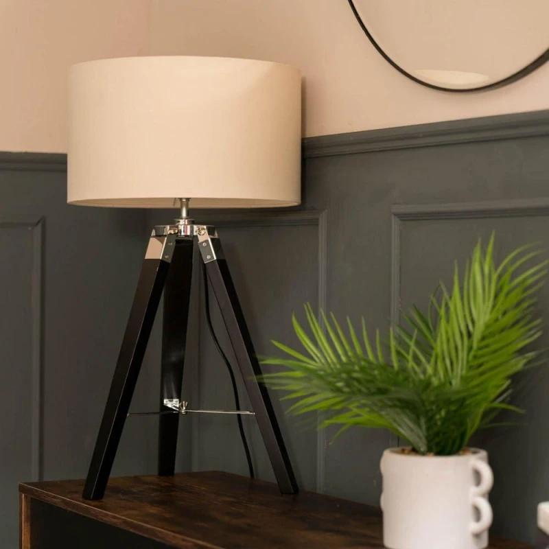 Image of ValueLights Clipper Black Wood Tripod Table Lamp with Medium Natural Shade Black unisex