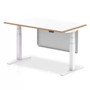 image of Oslo 1400mm Height Adjustable Desk White Top Natural Wood Edge White Frame With White Steel Modesty Panel