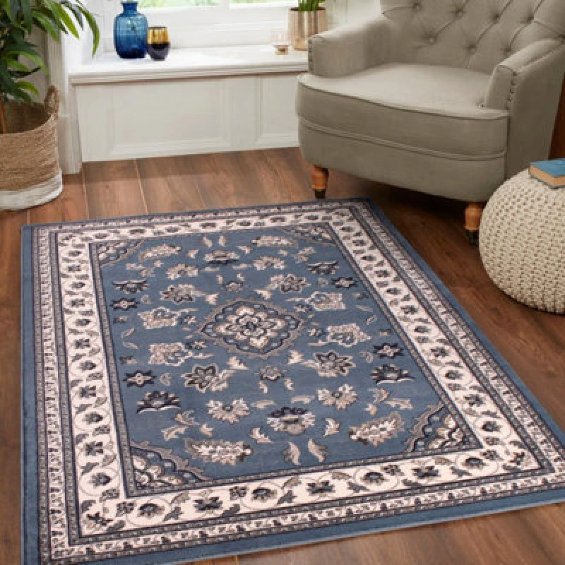 Image of Blue Traditional Bordered Rug Easy To Clean Dining Room-160Cm X 230Cm