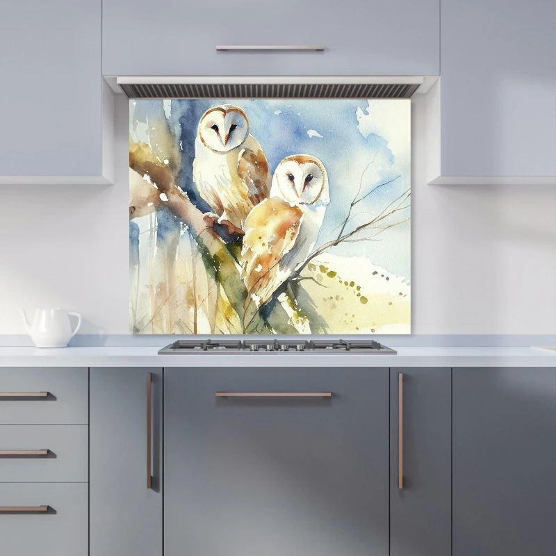 Image of Warren Reed - Designer Barn Owls Watercolour Kitchen Splashback in Brown Size: 600mm x 750mm Brown Unisex 600mm x 750mm