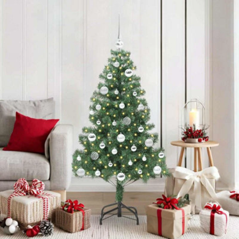 Image of vidaXL Christmas Tree with 150 LEDs, Silver Balls with Stand Green 150cm PVC, Green 3396372