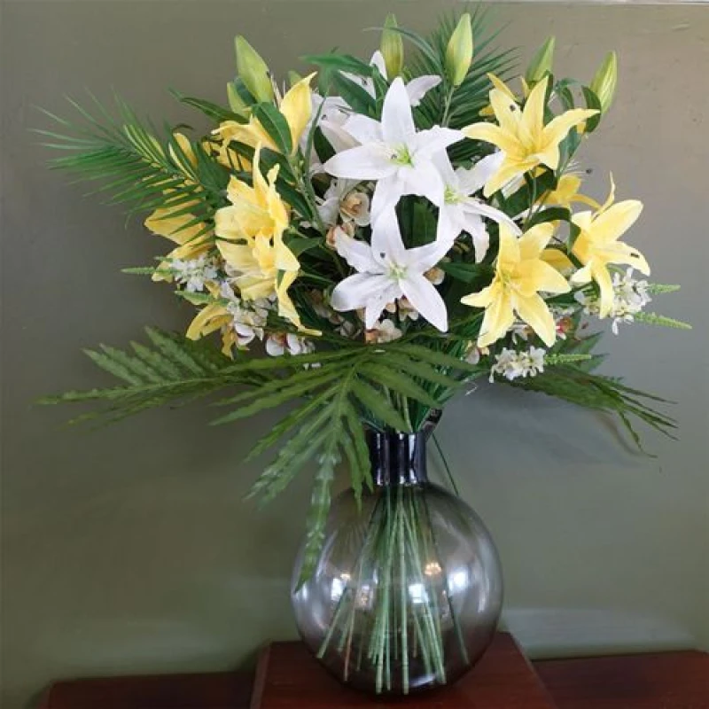 Image of Leaf Leaf 100cm Artificial Lily Palm Flowers Glass Ball Vase White