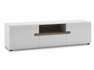 Image of Furniture To Go Chelsea White High Gloss and Truffle Oak Wide TV Cabinet Opening Flat Packed