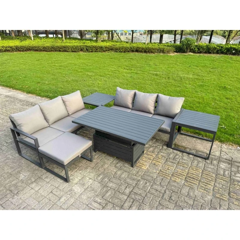 Image of Fimous Aluminum 6 Piece Sofa Set with Lifting Table, 2 Side Table & Big Stool in Dark Grey Dark Grey Unisex