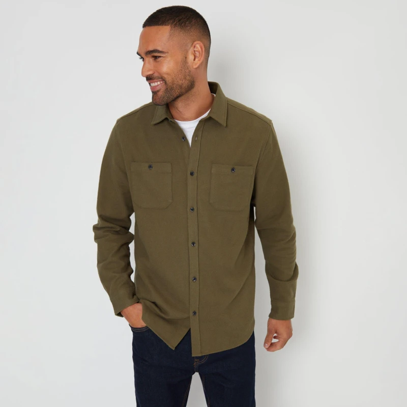 Image of Threadbare 'Barnfied' Brushed Cotton Flannel Long Sleeve Shirt Khaki