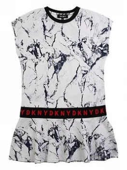 Image of DKNY Girls Marble Print Logo Peplum Dress - White, Size 10 Years, Women
